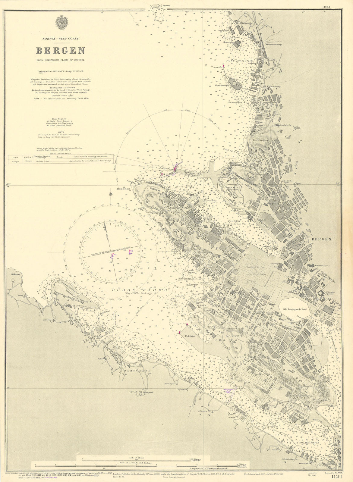 Bergen, Norway. ADMIRALTY sea chart city plan 1888 (1955) old vintage map
